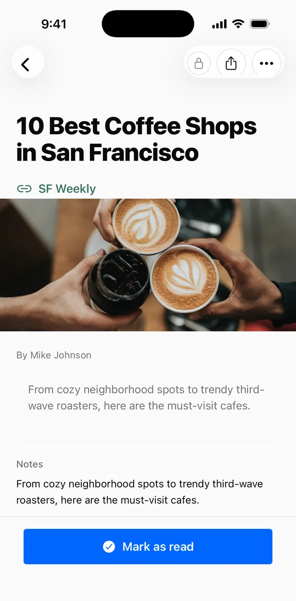 A saved article in Hako — title, source, and preview image pulled in automatically