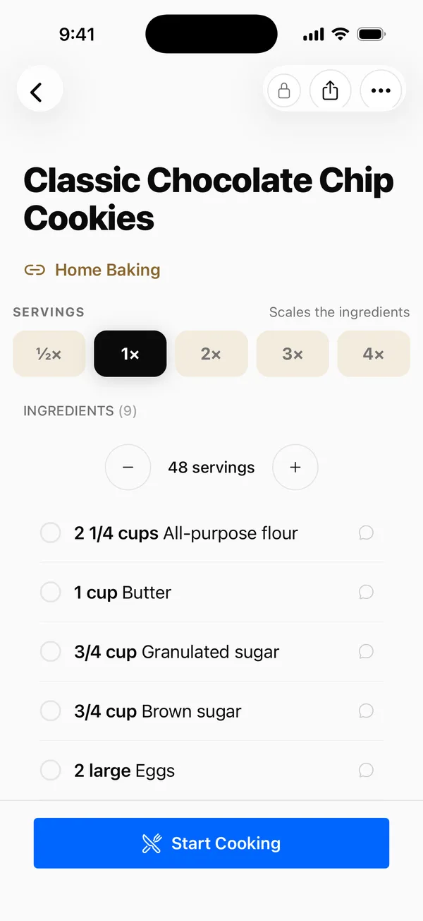 A saved recipe in Hako — ingredients, steps, and a servings scaler extracted automatically