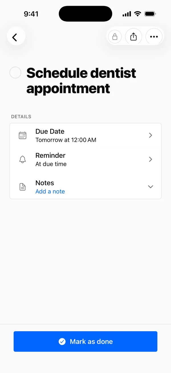 A saved reminder in Hako — due date and reminder time set from natural language
