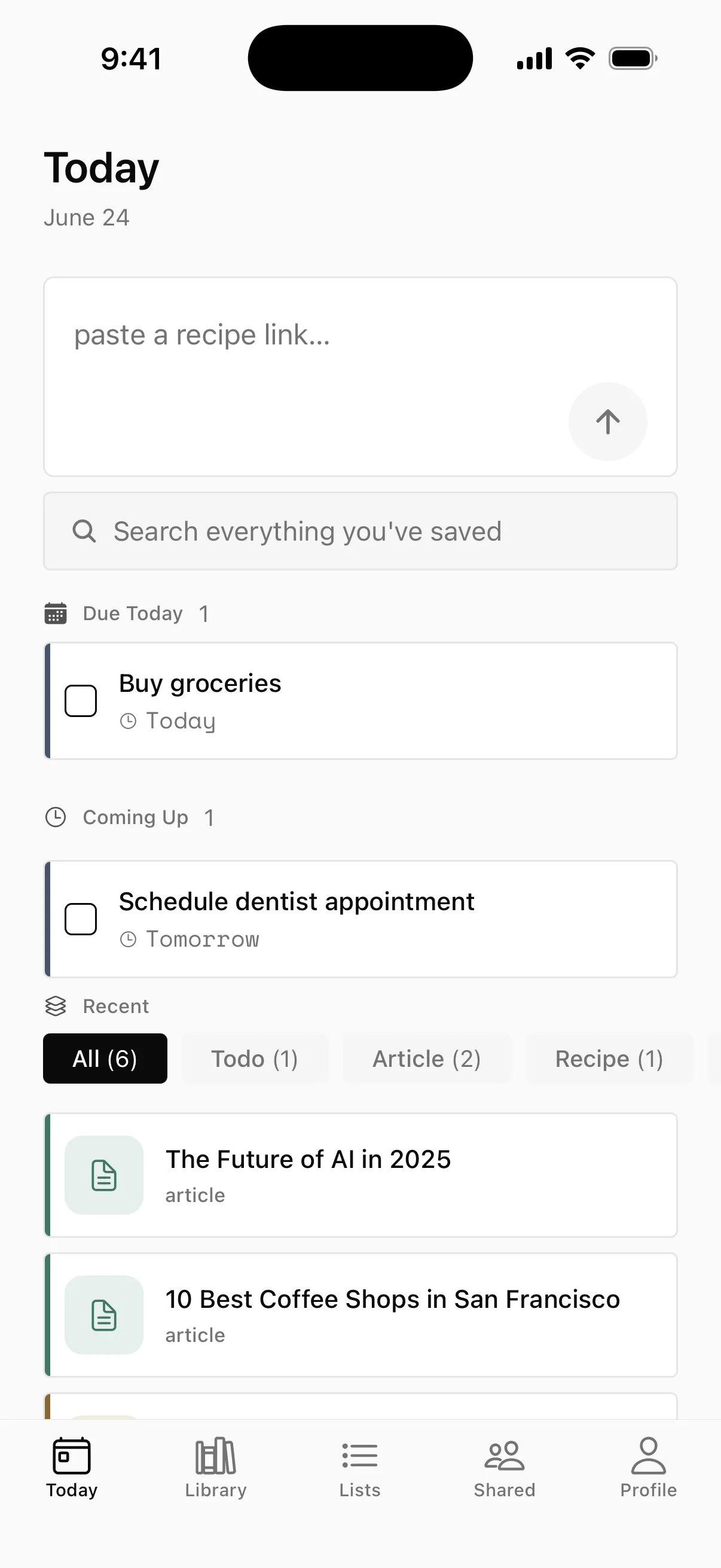 The Hako app home screen — a single capture bar with saved links, recipes, and reminders below