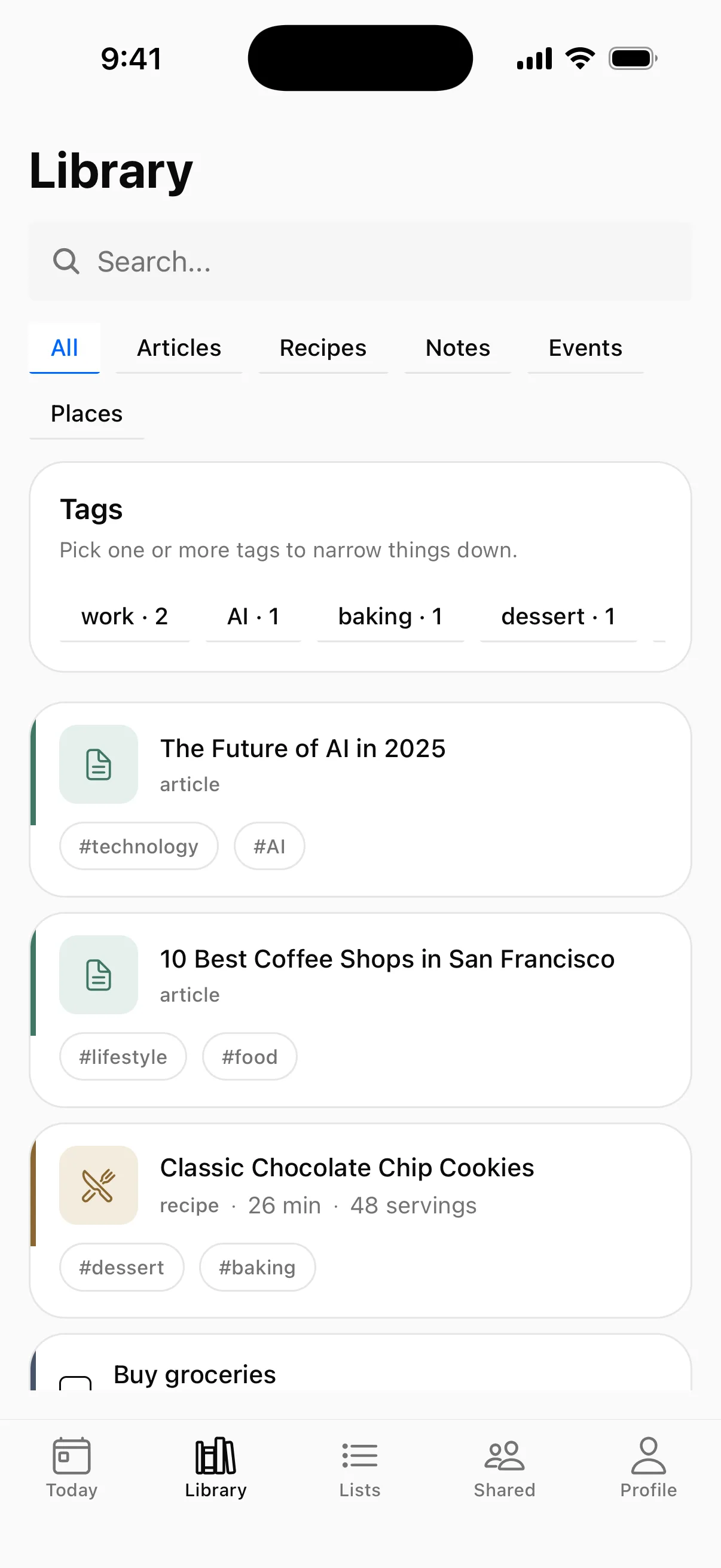 The Hako library — articles, recipes, and reminders together, with search, type filters, and tags